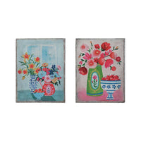 Creative Co-Op Wood Framed Canvas Wall Décor w/ Flowers in Vases, 2 Styles