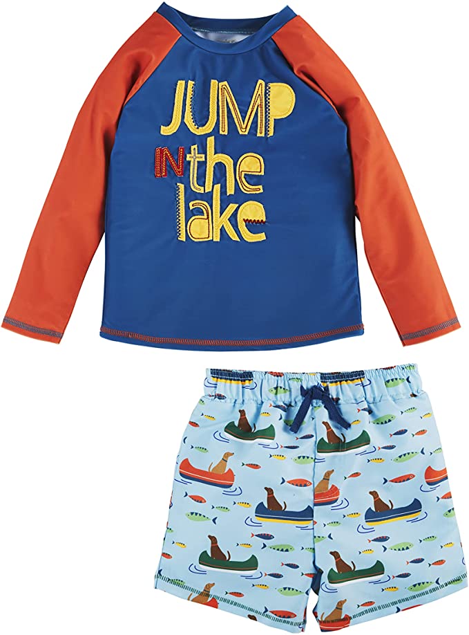 Mud Pie Jump In The Lake 2pc boys rash guard & swim trunks